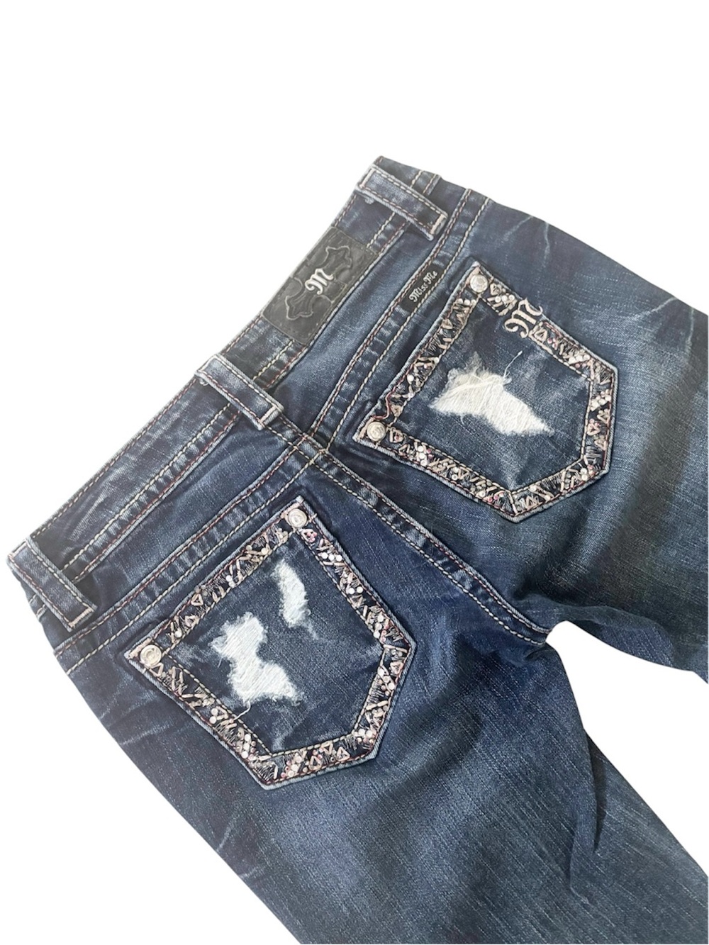 Miss Me Dark Blue Signature Boot Jeans with Embellished Distressed Pockets